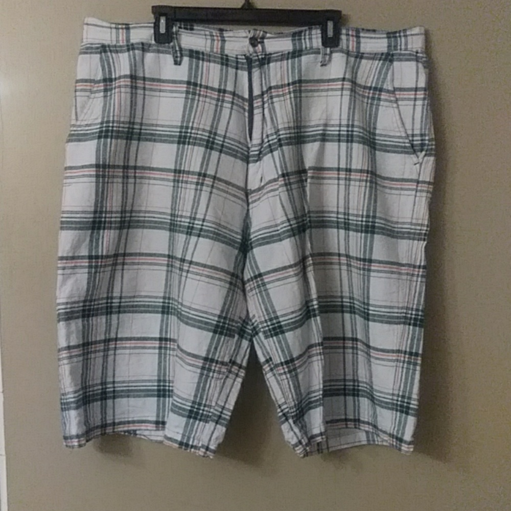 Green, orange & white plaid shorts